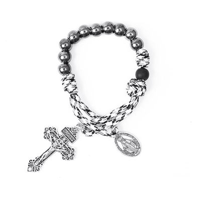 One Decade Rosary Beads Black & White Paracord Pocket Chaplet with Silver Beads & Miraculous Medal - Nazareth Store