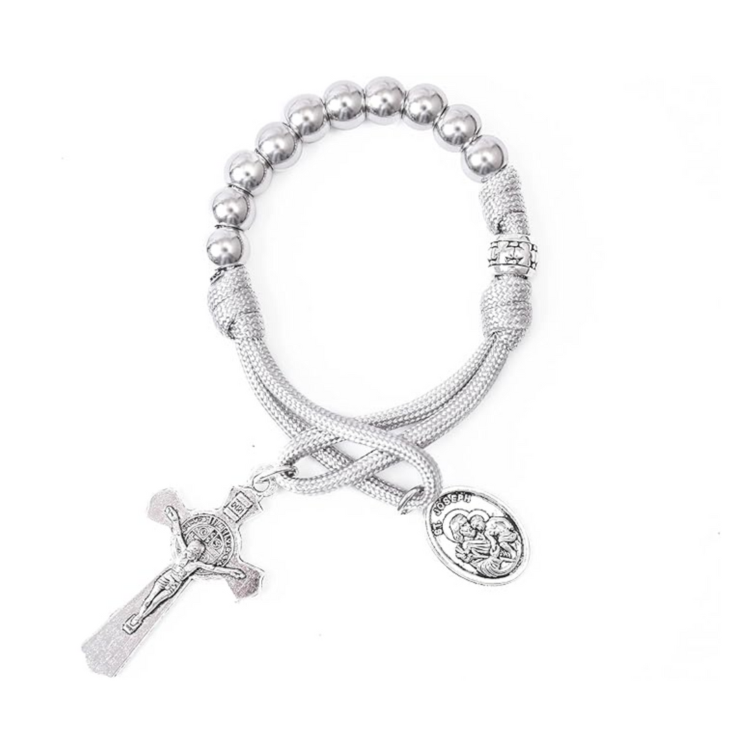 Strong Military One Decade Grey Paracord Rosary Silver Beads Pocket Car Rosary St. Joseph Medal & St. Benedict Cross Nazareth Store