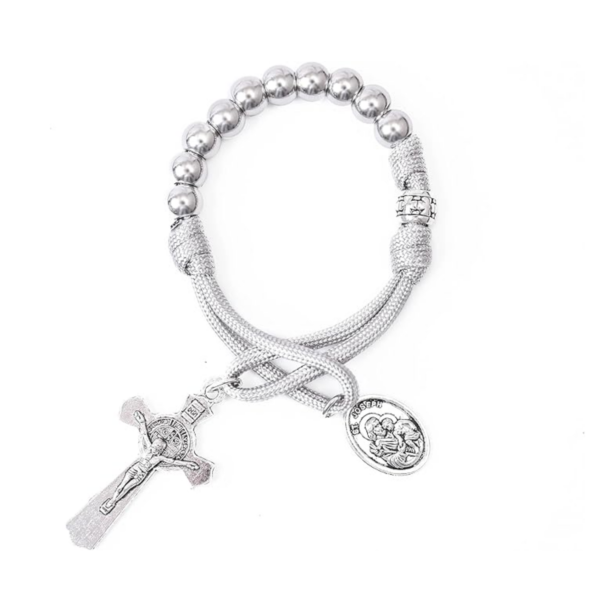 Strong Military One Decade Grey Paracord Rosary Silver Beads Pocket Car Rosary St. Joseph Medal & St. Benedict Cross Nazareth Store