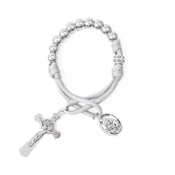 Strong Military One Decade Grey Paracord Rosary Silver Beads Pocket Car Rosary St. Joseph Medal & St. Benedict Cross Nazareth Store