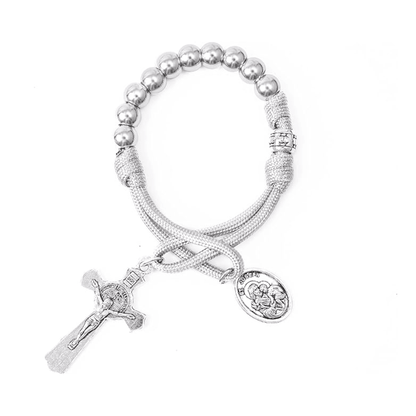 Strong Military One Decade Grey Paracord Rosary Silver Beads Pocket Car Rosary St. Joseph Medal & St. Benedict Cross - Nazareth Store