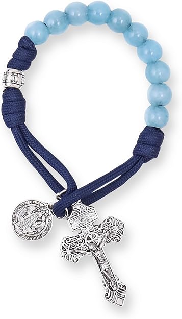 Aquamarine One Decade Rosary Beads Paracord Set St. Michael Necklace & St. Benedict - Nazareth Store