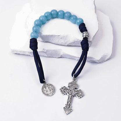Aquamarine One Decade Rosary Beads Paracord Set St. Michael Necklace & St. Benedict - Nazareth Store 