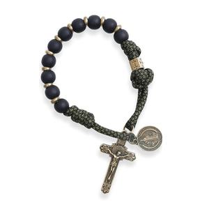 St Benedict One Decade Paracord Rosary Black Matte Beads in Antique Bronze