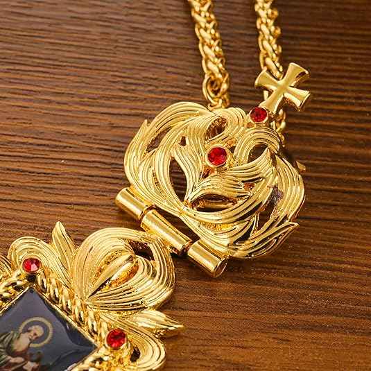 Gold Plated Red Stone Orthodox Cross Pendant Crucifix Necklace with Jesus Icon