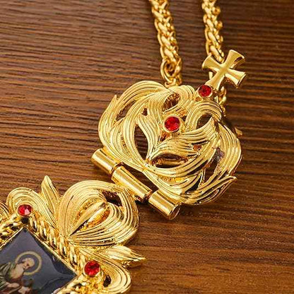 Gold Plated Red Stone Orthodox Cross Pendant Crucifix Necklace with Jesus Icon