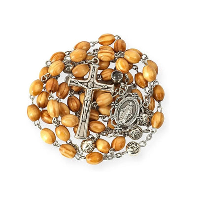 Our Father Prayer Olive Wood Rosary Beaded Necklace with Miraculous Centerpiece and Jesus Crucifix - Nazareth Store