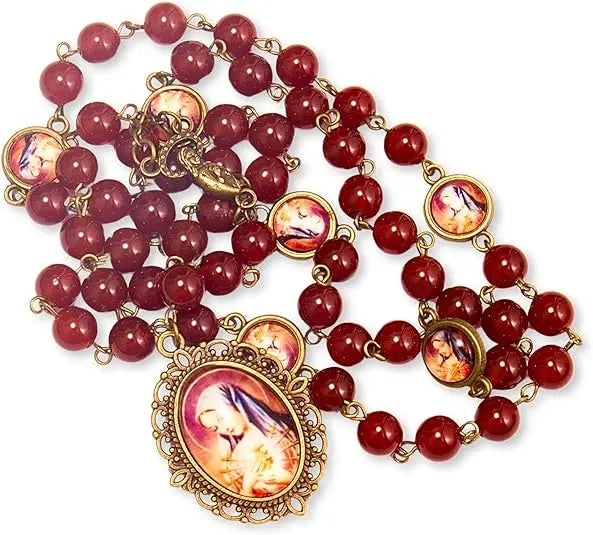 Our Lady of Sorrows Stone Beads Rosary Necklace with Epoxy 7 Sorrows Medallion Nazareth Store