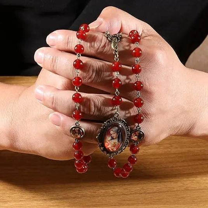 Our Lady of Sorrows Stone Beads Rosary Necklace with Epoxy 7 Sorrows Medallion - Nazareth Store