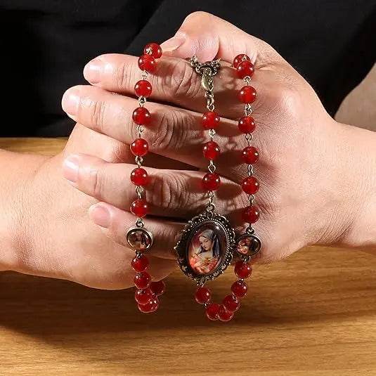 Our Lady of Sorrows Stone Beads Rosary Necklace with Epoxy 7 Sorrows Medallion - Nazareth Store