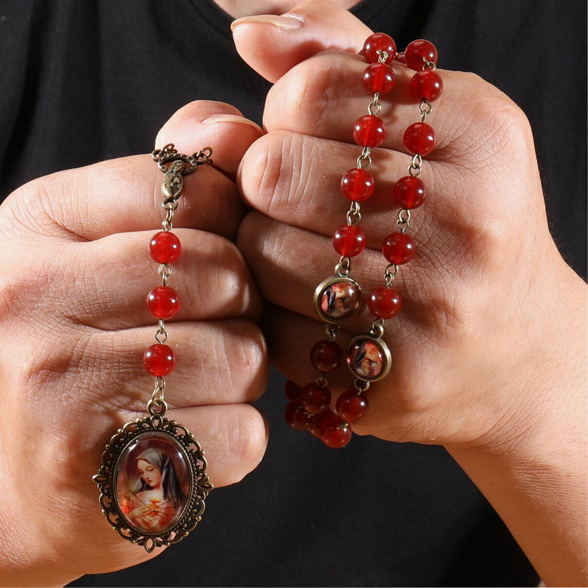 Our Lady of Sorrows Stone Beads Rosary Necklace with Epoxy 7 Sorrows Medallion - Nazareth Store