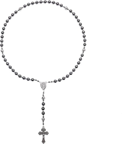 Black Stone Hematite Rosary Necklace Metal Beaded with Our Father Medal & Cross - Nazareth Store 