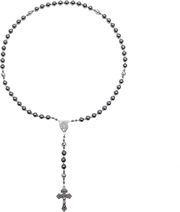 Black Stone Hematite Rosary Necklace Metal Beaded with Our Father Medal & Cross - Nazareth Store 