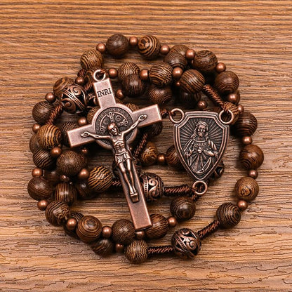 Solid Wooden Beaded Rosary Necklace Metal Glory Beads with Our Father Medal & Crucifix - Nazareth Store 