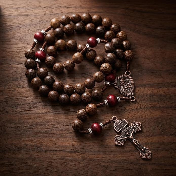 Handmade Wooden Beads Rosary Necklace with Our Father Medal & Crucifix Religious Gift - Nazareth Store