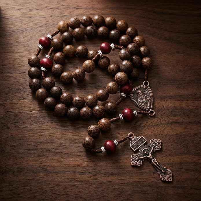Handmade Wooden Beads Rosary Necklace with Our Father Medal & Crucifix Religious Gift