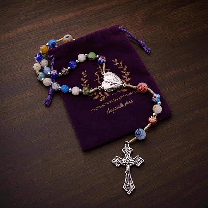 Colorful Murano Millefiori Glass Catholic Rosary Our Lady of Grace Locket Medal & Cross - Nazareth Store
