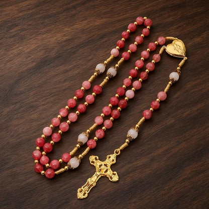 Strawberry Quartz Rosary Necklace White Jade Beads with Our Lady of Grace Heart Locket Medal & Cross - Nazareth Store