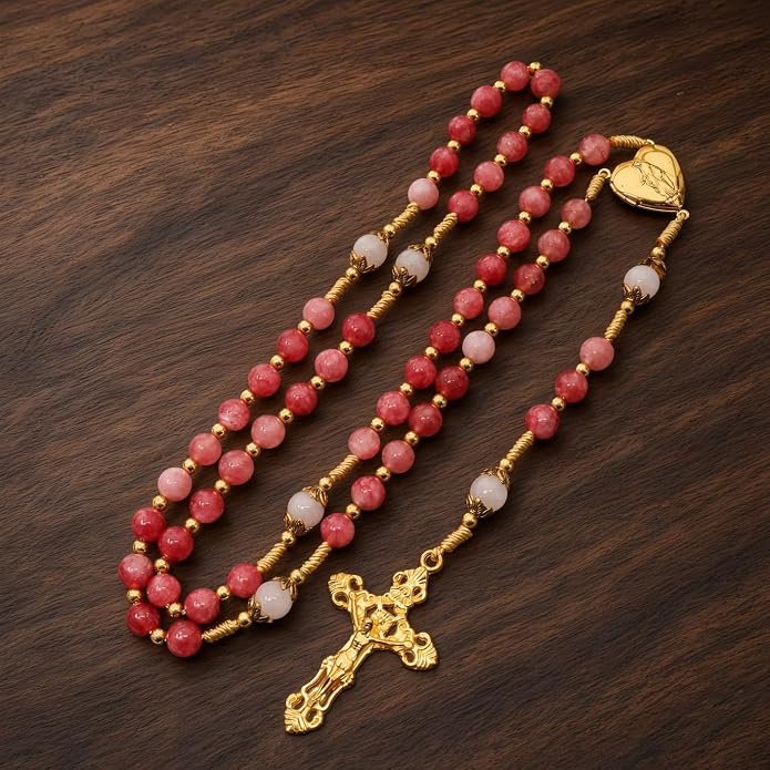 Strawberry Quartz Rosary Necklace White Jade Beads with Our Lady of Grace Heart Locket Medal & Cross - Nazareth Store