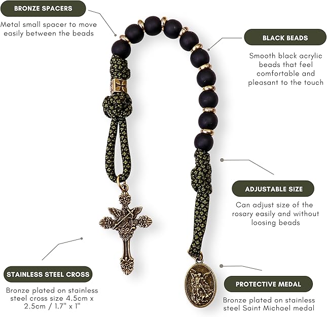Black Matte Beads One Decade Paracord Green Rosary with St