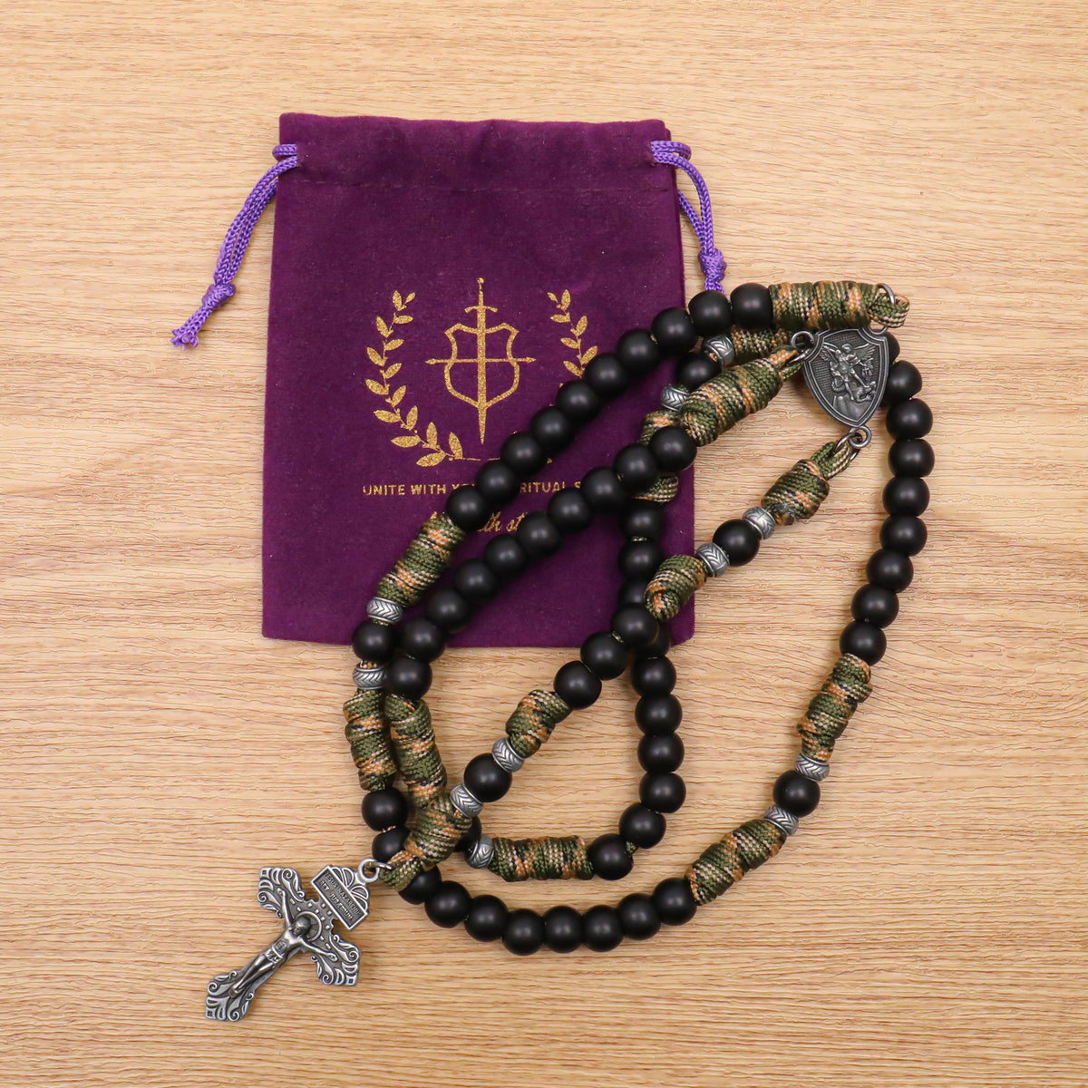 Men's Black Beaded Antique Green & Brown Paracord Rosary Necklace with Silver St. Michael Medal & Pardon Crucifix