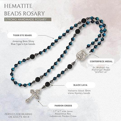 Men's Blue Tiger Eye Rosary with Lava Beads Saint Michael Medal & Cross – Gift Box Included - Nazareth Store