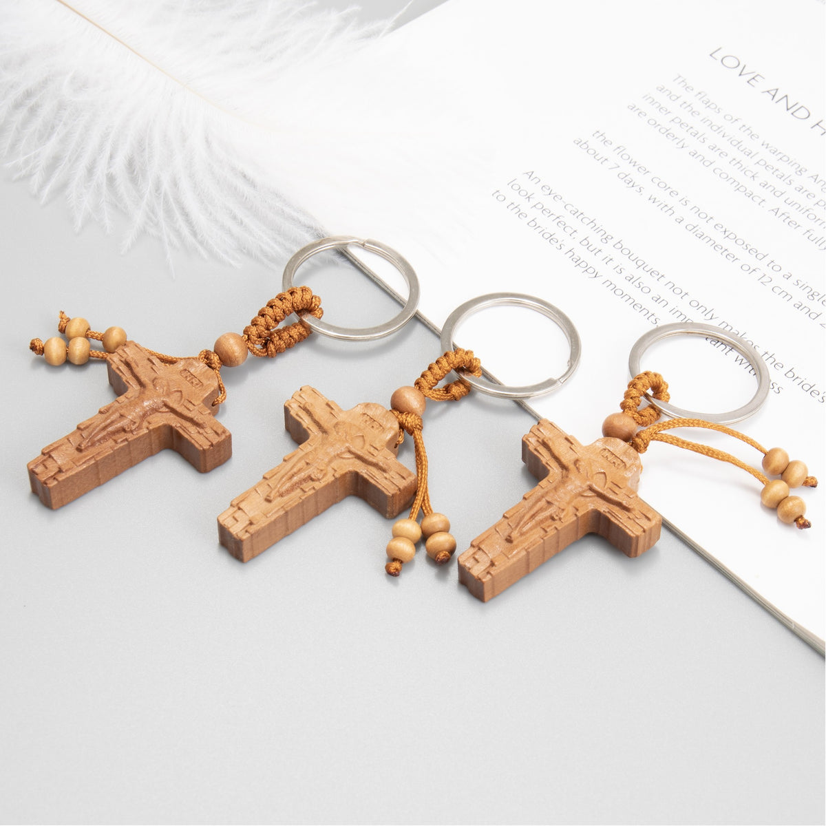 3pcs Wooden Crucifix Keychain Set Hand-Carved Peach Wood with Beaded Rope - Nazareth Store
