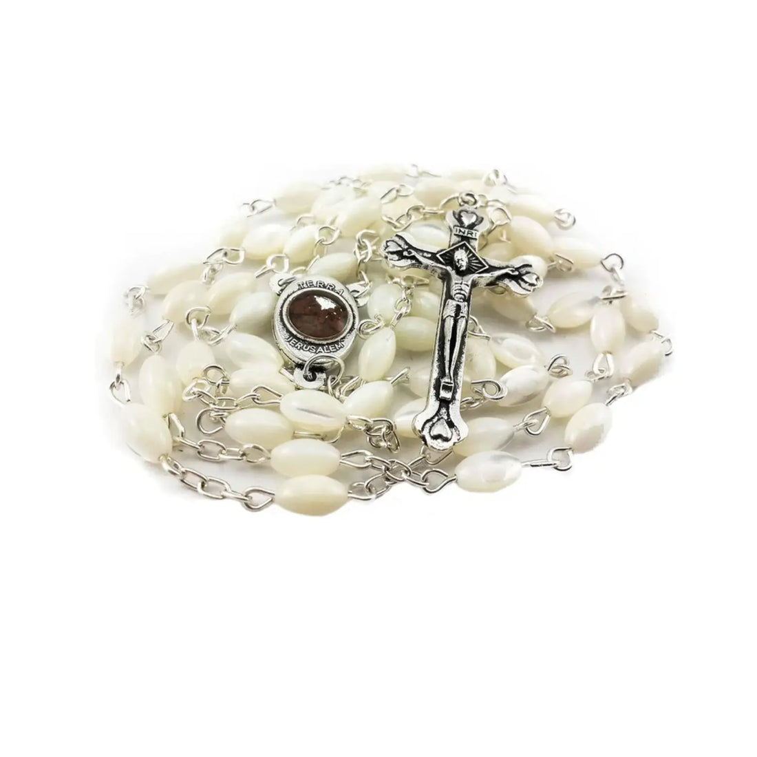 Pearl Shell Beads Rosary Catholic Necklace Jerusalem Holy Soil Medal Cross Nazareth Store