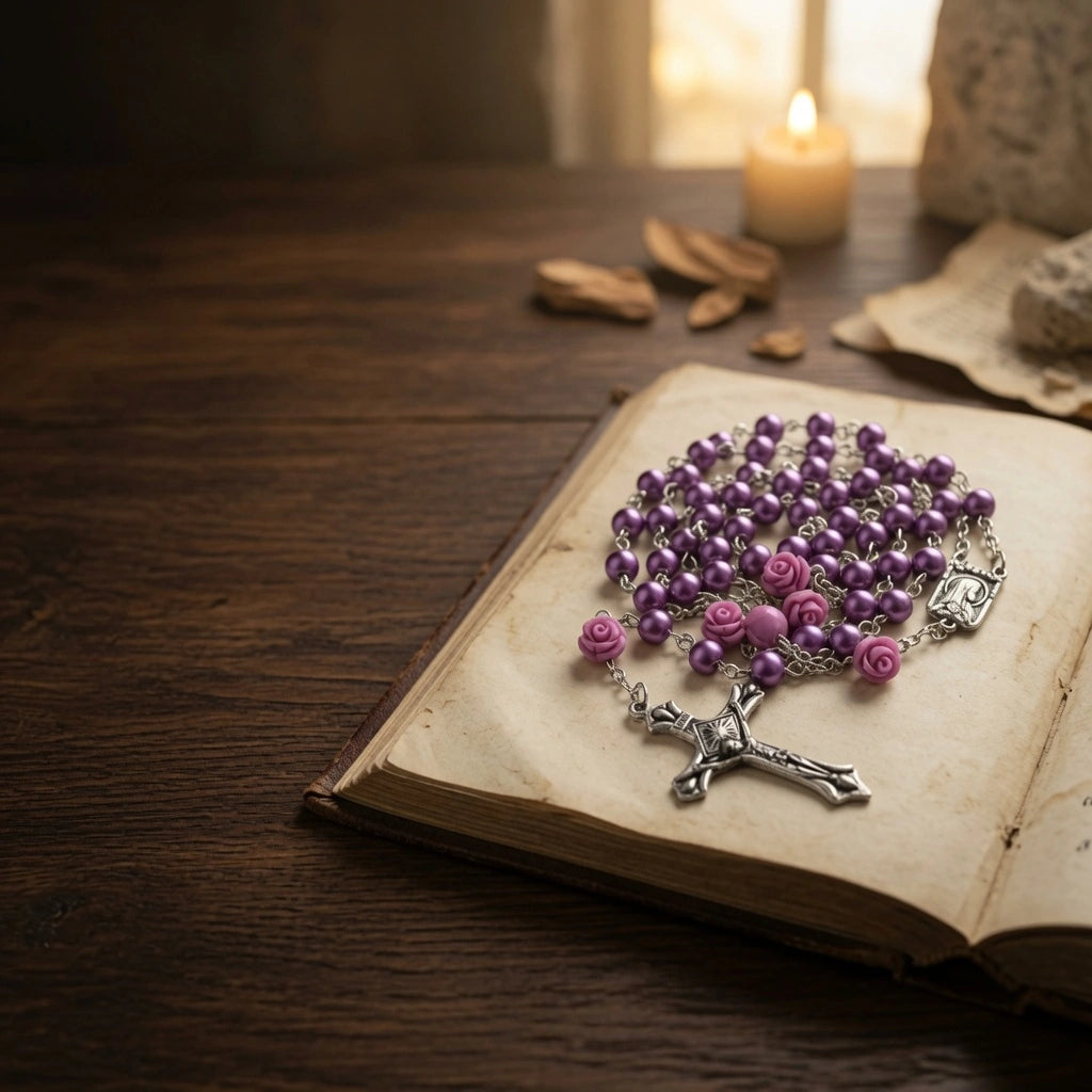 A purple pearl rosary with pink rose beads and a silver crucifix rests on an open old book on a dark wooden table, with a blurred candle and stone in the background.