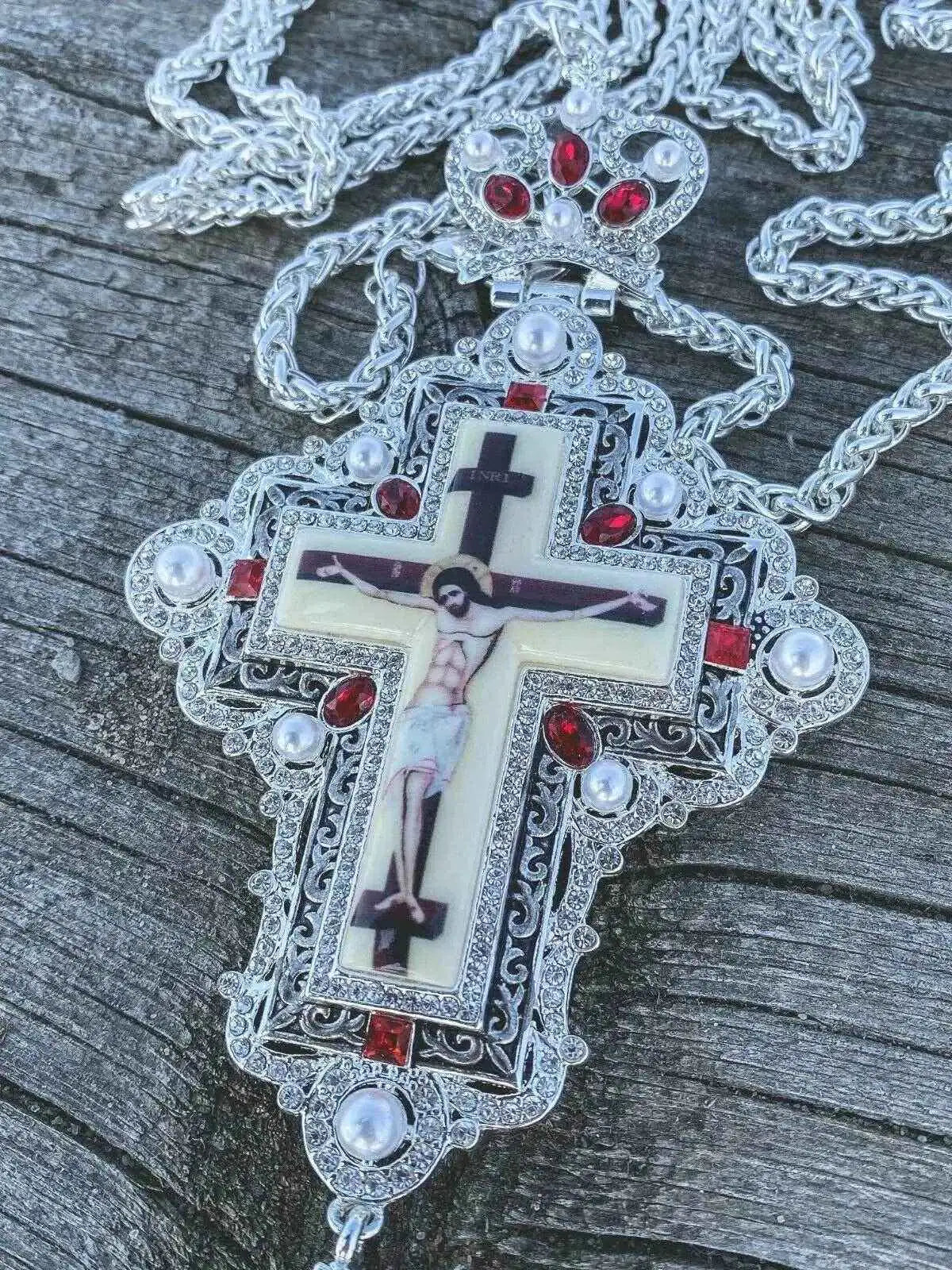 White Pearls & Red Crystallized Stone Pectoral Cross Pendant Priest Bishop Clergy - Nazareth Store