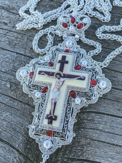 White Pearls & Red Crystallized Stone Pectoral Cross Pendant Priest Bishop Clergy - Nazareth Store