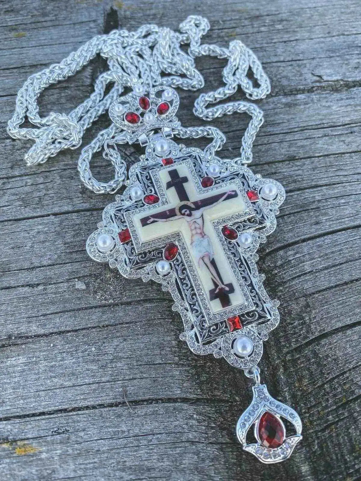 White Pearls & Red Crystallized Stone Pectoral Cross Pendant Priest Bishop Clergy - Nazareth Store