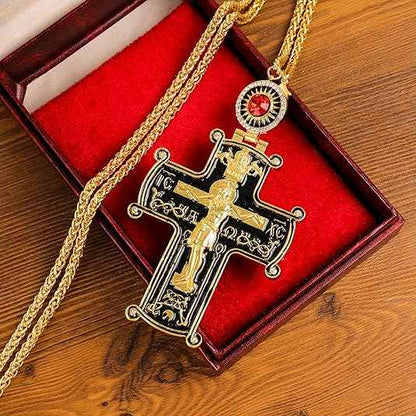 Round Red Stone Pectoral Cross Pendant Multi Zircon Crucifix Necklace