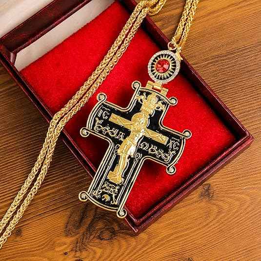 Round Red Stone Pectoral Cross Pendant Multi Zircon Crucifix Necklace