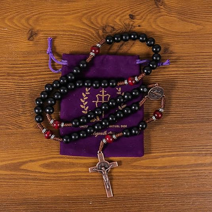 10mm black and 10mm black & dark red wood mystery beads, this rosary offers a bold, strong design that’s perfect for men.