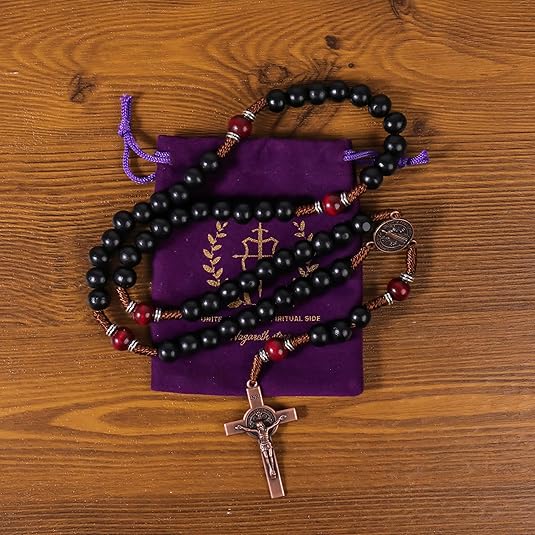 10mm black and 10mm black & dark red wood mystery beads, this rosary offers a bold, strong design that’s perfect for men.