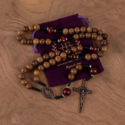 10mm olive wood beads and 12mm dark red wood mystery beads, this rosary offers a bold, strong design that’s perfect for men.