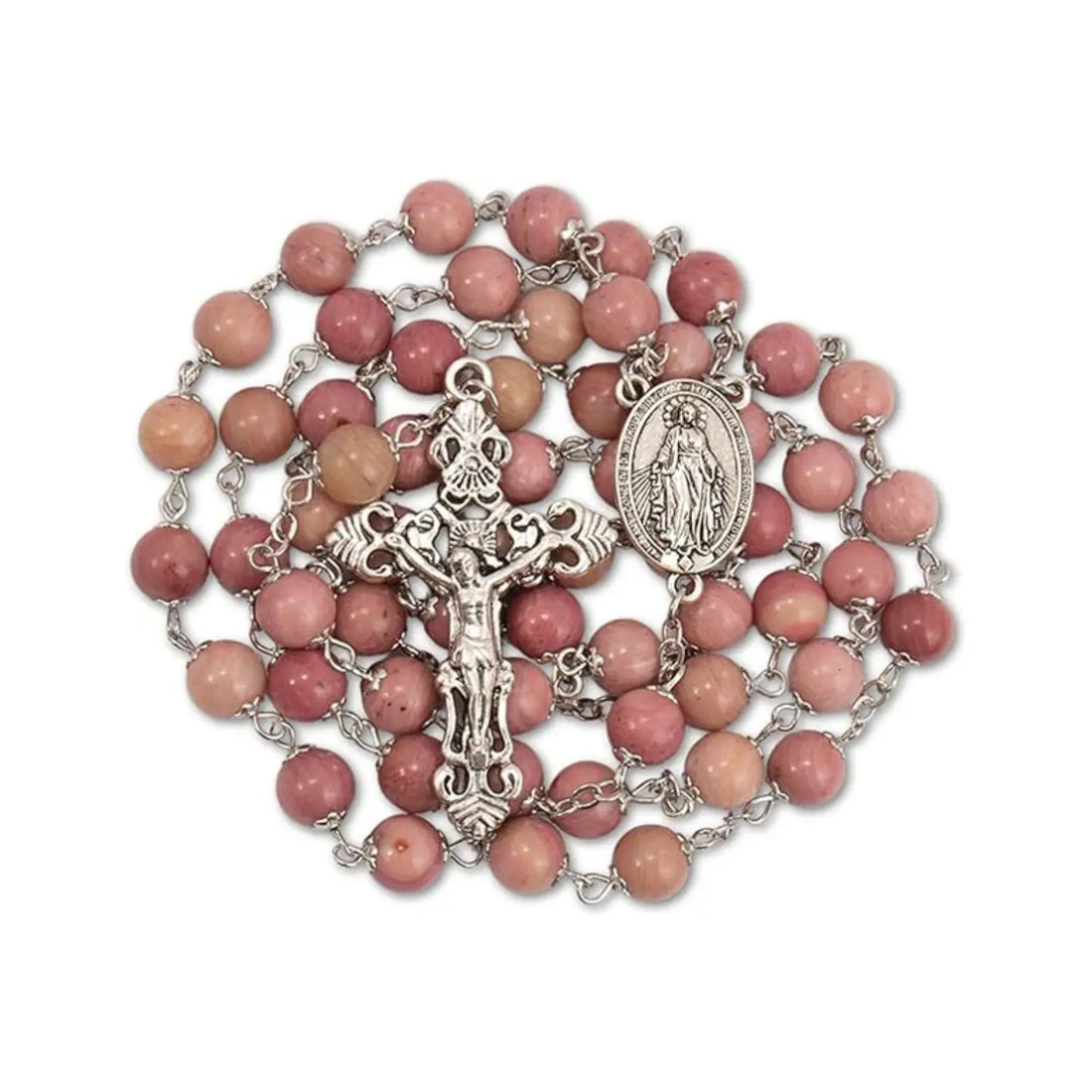 Pink Aventurine Rosary Necklace with Silver Holy Soil Medal & Cross Nazareth Store