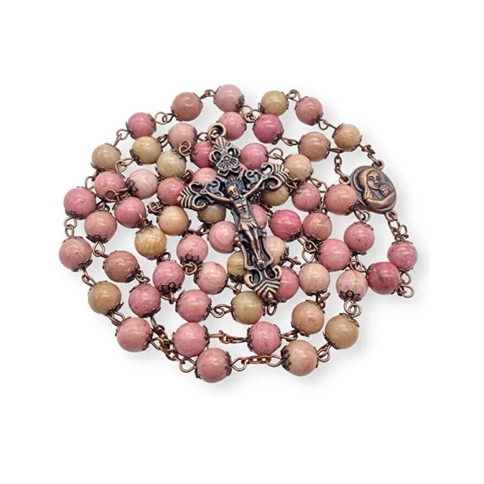 Pink Rose Aventurine Stone Rosary Necklace with Holy Soil Medal & Antique Bronze Cross - Nazareth Store