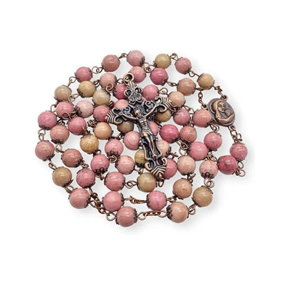 Pink Rose Aventurine Stone Rosary Necklace with Holy Soil Medal & Antique Bronze Cross - Nazareth Store