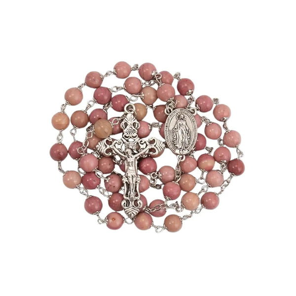 Pink Aventurine Rosary Necklace with Silver Holy Soil Medal & Cross - Nazareth Store