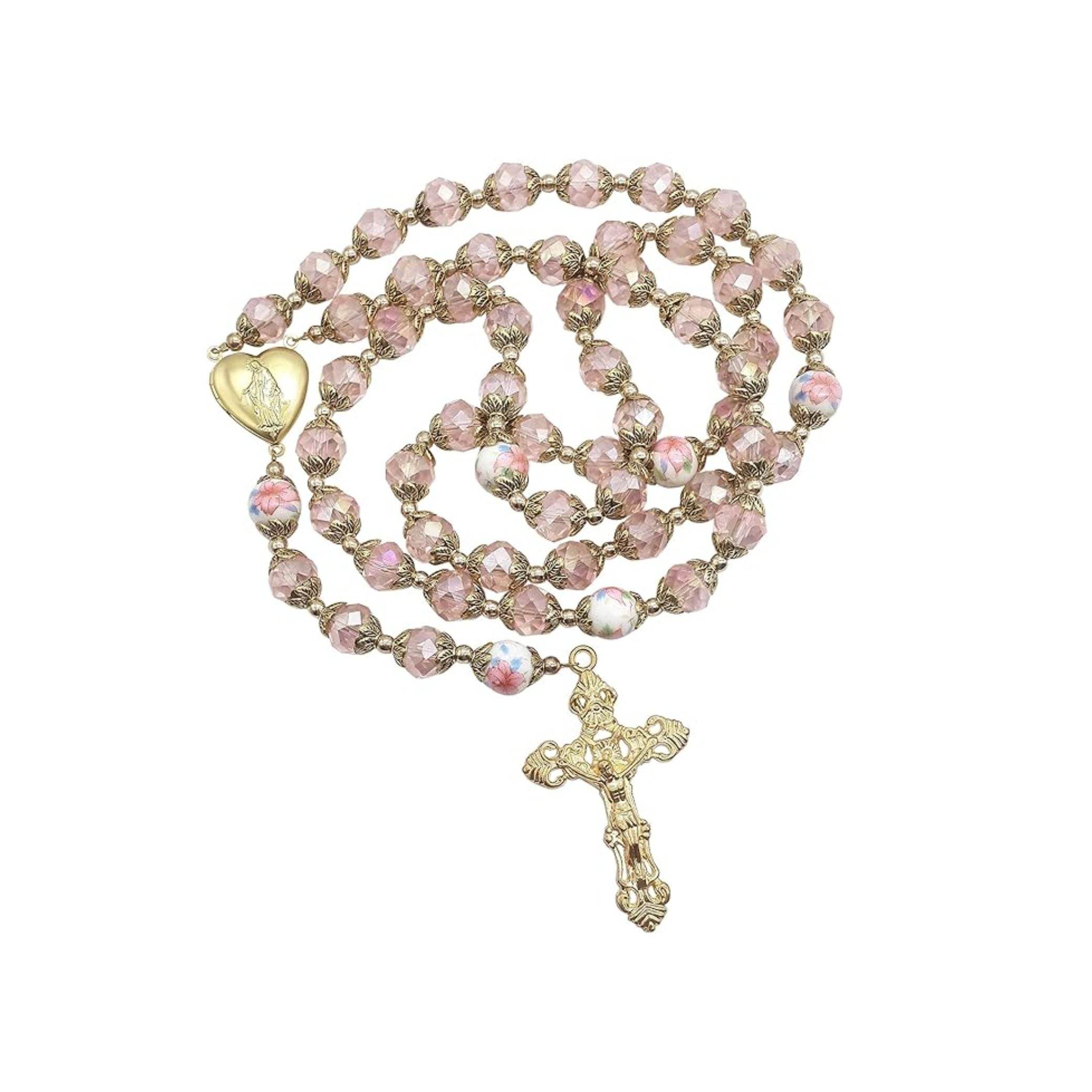 Pink Crystal Rosary Necklace Gold Flower Prayer Beads with Holy Mary Heart Locket Medal & Cross Crucifix - Nazareth Store