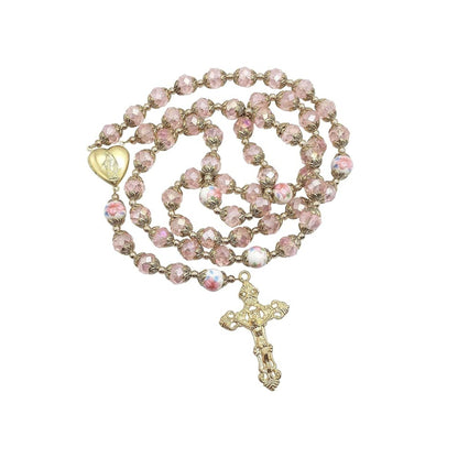 Pink Crystal Rosary Necklace Gold Flower Prayer Beads with Holy Mary Heart Locket Medal & Cross Crucifix - Nazareth Store