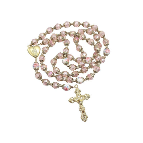 Rosario De Cristal Rosa Flores Doradas Collar De Coronilla Con Cuentas - Bolsa De Terciopelo