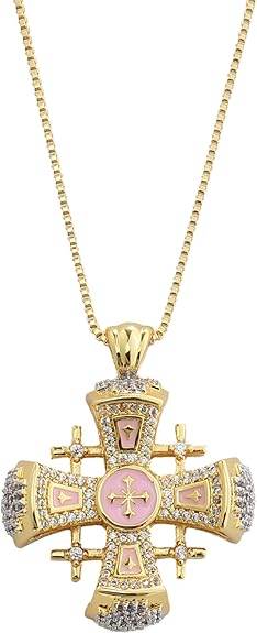 Pink Enamel Jerusalem Cross Pendant Necklace 18k Gold Plating Crystallized Stones
