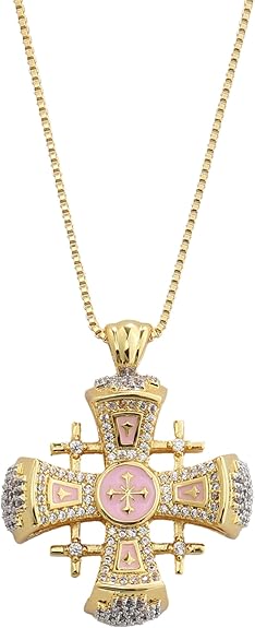 Pink Enamel Jerusalem Cross Pendant Necklace 18k Gold Plating Crystallized Stones