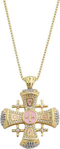Pink Enamel Jerusalem Cross Pendant Necklace 18k Gold Plating Crystallized Stones