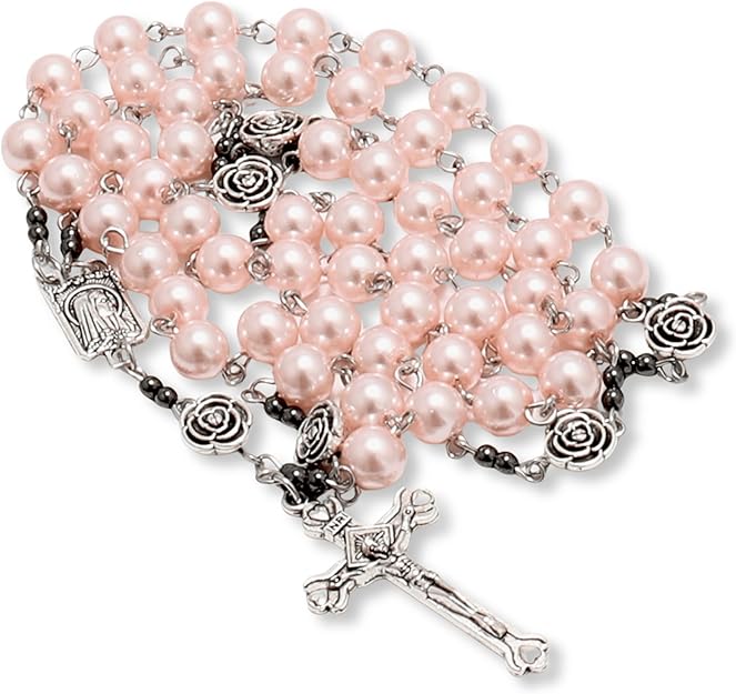 Pearl Beads Rosary: Features 8mm round imitation pearl beads in vibrant pink color accented with metal mystery roses and small hematite stone beads.