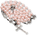 Pearl Beads Rosary: Features 8mm round imitation pearl beads in vibrant pink color accented with metal mystery roses and small hematite stone beads.