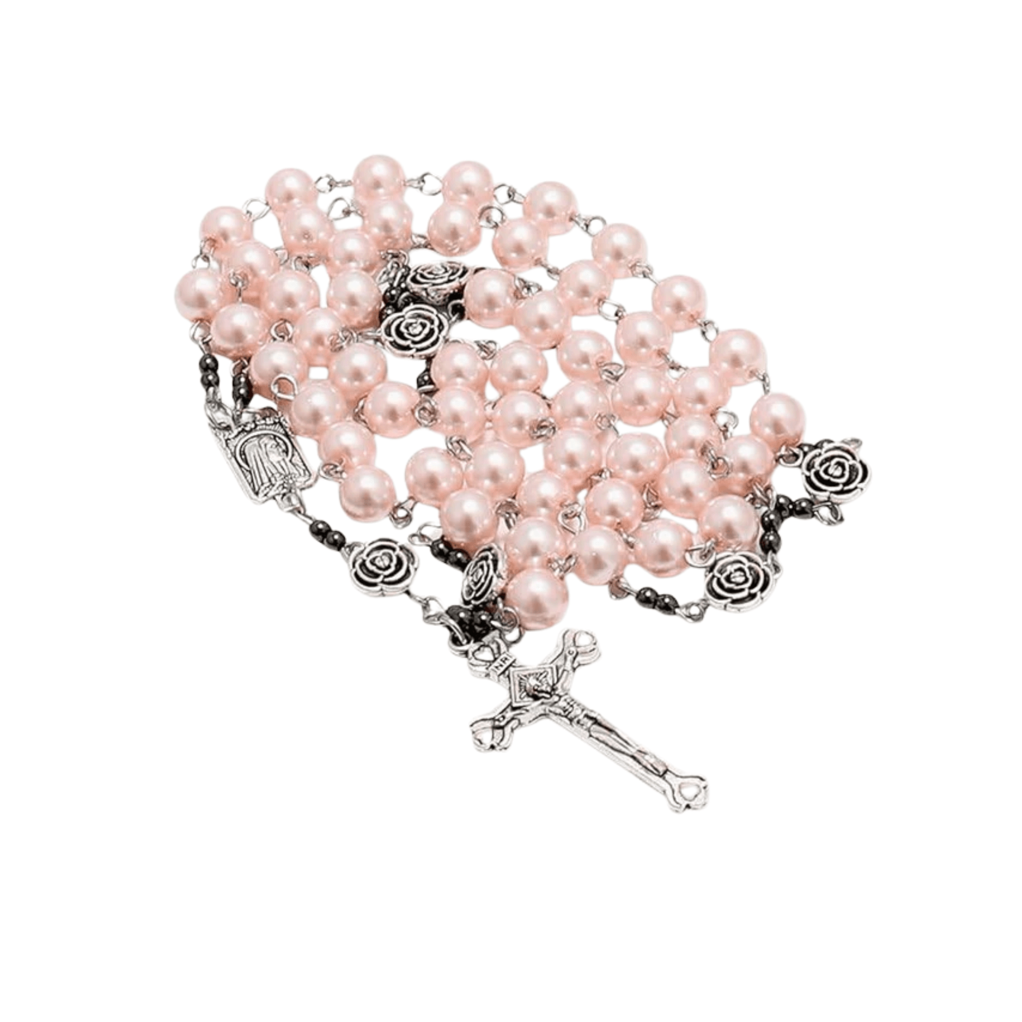 Pink Pearl Beads Rosary Metal Mystery Roses with Hematite Stone Rosary Necklace - Nazareth Store